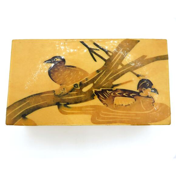 Vintage Chinese Lacquered Wood Box\ Ducks Trinket Jewelry Storage Rustic Japandi - Picture 3 of 14
